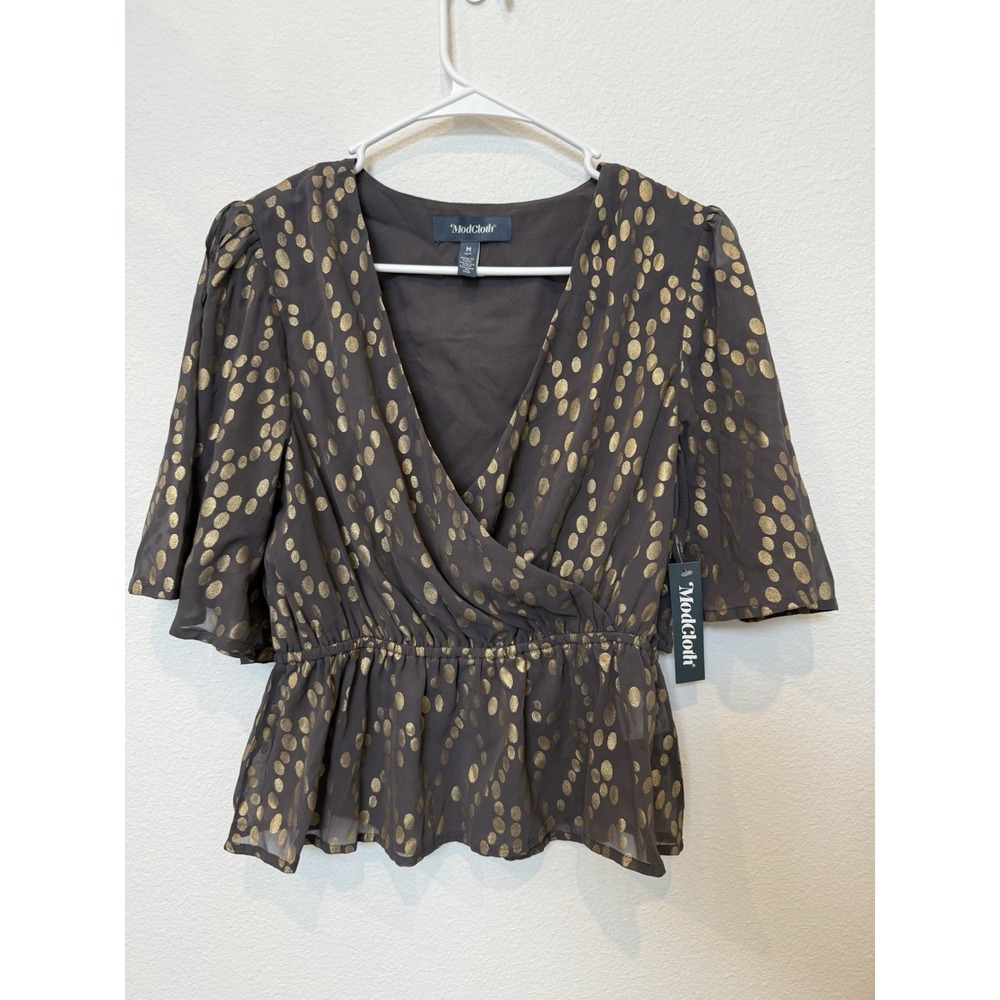 NWT Modcloth Celebrating Progress Peplum Faux Wrap Top Medium Polka Dot